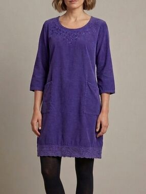 April Cornell Purple Corduroy Dress Crochet Trim Embroidery No Size Fits Large